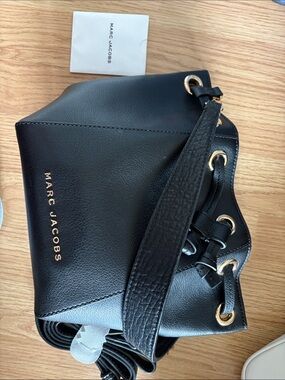 Marc Jacobs Black Leather Drawstring Shoulder Bag with Gold Hardware